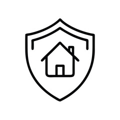 Poster - Home security shield icon for property protection and insurance services outline style vector illustration