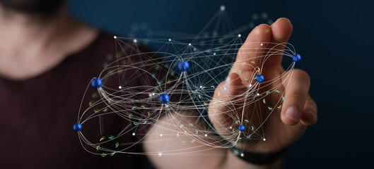 Poster - Man interacting with a digital network.  Concept of connectivity, data, technology.