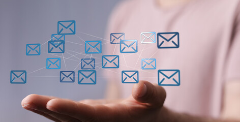 Poster - Hand holding digital email icons, network connection, communication, global reach.