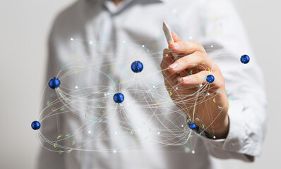 Poster - Image depicts a person interacting with a digital network, symbolizing global connections and business strategy.