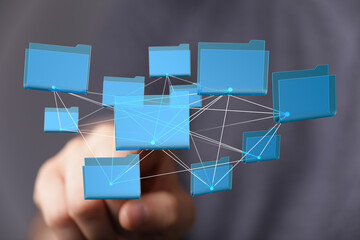 Poster - Visual representation of interconnected digital files and folders.  Illustrates data sharing, networking, and cloud storage.