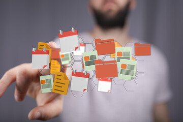 Poster - Person interacting with digital files, folders, and calendars.  Efficient organization and scheduling.