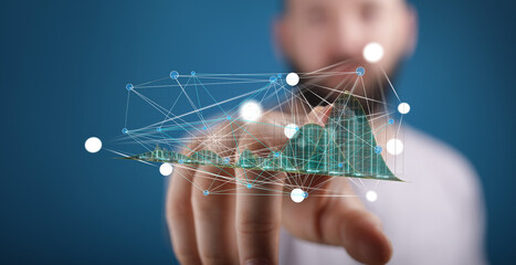 Poster - Image of a man interacting with a holographic projection of data, showcasing network connections and growth charts.