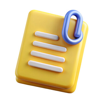 3d rendered yellow document with white lines and a blue paperclip against black background