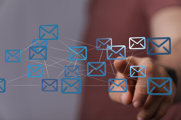 Leinwandbilder - Hand pointing at digital email network.  Global communication concept.