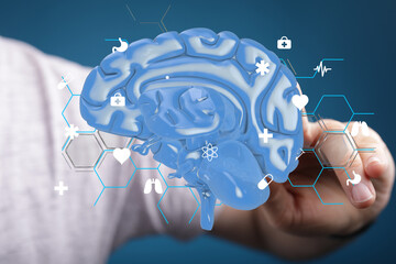 Aufkleber - 3D model of human brain with medical icons.  Perfect for healthcare, neurology, and neuroscience.