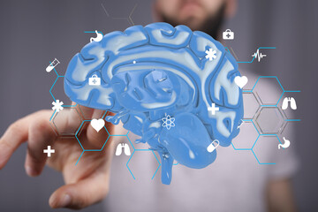 Poster - 3D model of human brain with medical icons.  Perfect for healthcare, neurology, and medicine concepts.