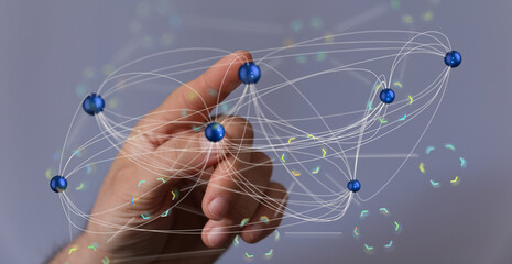 Poster - Abstract image of a hand interacting with a digital network. Represents global connectivity, data flow, and technology.