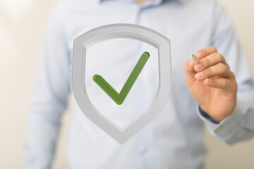 Poster - Businessman digitally signs off on secure data protection.  Safe and approved.
