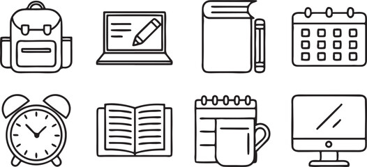 Fototapete - Student Life and Study Tools Icon Set Clean Black Outline Vector for Education and Learning UI