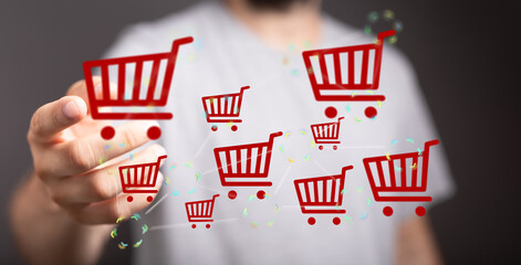 Aufkleber - Image of a person interacting with multiple shopping cart icons, representing online shopping and e-commerce.