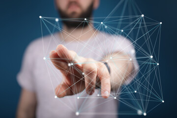 Poster - Close-up of a man's hand interacting with a digital network, showcasing connectivity and technology.
