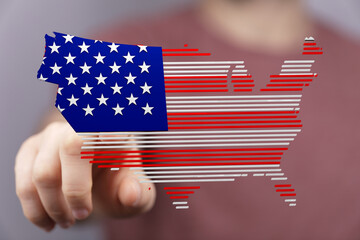 Poster - Patriotic digital art of the United States map, designed with the American flag's red and white stripes and stars.