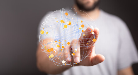 Poster - A man interacts with a digital network, representing global connections and data flow.