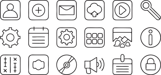 Fototapete - Mobile App Features and UI Icon Set Black Outline Vector for App Interface and Design Tools
