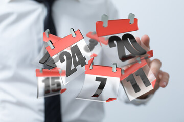 Poster - Image of a businessman juggling multiple calendar dates, symbolizing busy schedule and time management.