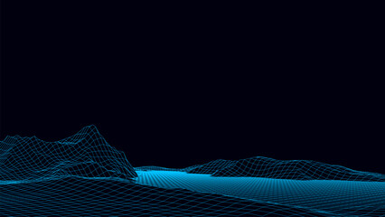 Fototapete - Vector mountain wireframe landscape. Technology polygonal terrain. Futuristic blue background.