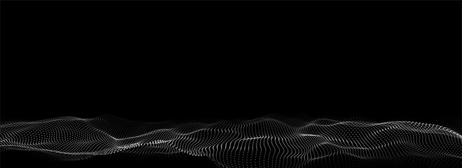 Wall Mural - Futuristic digital wave. Dark cyberspace. Abstract vector wave with dots. White moving particles on a black background.