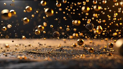 Poster - Golden droplets and shimmering particles suspended in air create mesmerizing visual of elegance and beauty, evoking magical atmosphere.