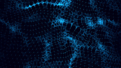 Wall Mural - Abstract distorted wireframe wave. Vector curve surface background. Technology grid pattern. Blue mesh wave.