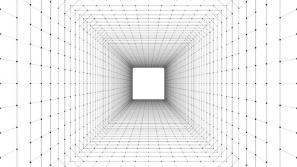 Wall Mural - Abstract wireframe square tunnel. Vector white wormhole. 3D portal grid. Futuristic fantasy funnel.
