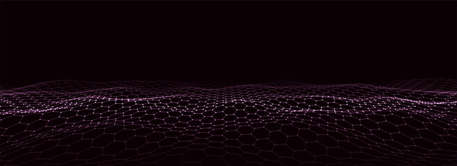 Wall Mural - Futuristic vector hexagon wave. Dark cyberspace. Abstract wave with dots and line. Purple moving particles on a black background.