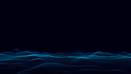 Wall Mural - Futuristic technology wave. Digital cyberspace. Abstract wave with moving particles on a black background. Big data analytics.