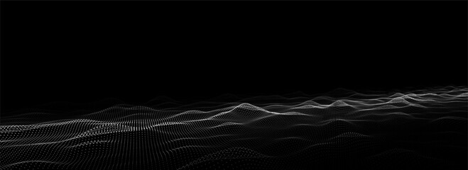 Wall Mural - Futuristic technology wave. Digital cyberspace. Abstract wave with moving particles on a black background. Big data analytics.