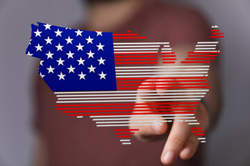 Aufkleber - Person interacts with a digital map of the USA styled as an American flag.  Patriotic digital art.