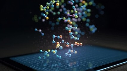 Poster - Molecular structures floating above a tablet screen in a dark room