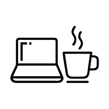 Laptop and coffee break vector icon for remote work and study concept design illustration graphic outline