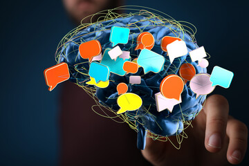 Poster - Abstract image of a brain with colorful speech bubbles, representing communication and ideas.