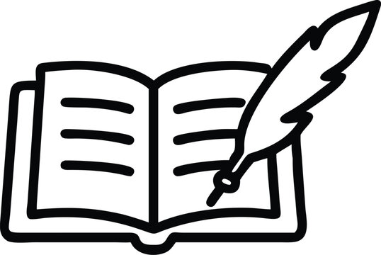 Open book with feather quill pen vector illustration for writing and education design concept icon 100