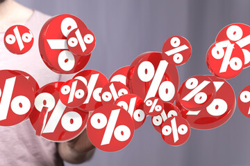 Poster - 3D render of red percentage symbols, ideal for sale, discount, and promotion marketing.