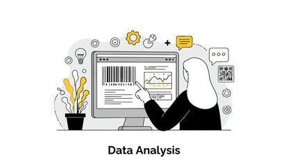 Fototapete - Female data analyst in business attire reviewing data on a computer screen with graphs and charts in a modern office setting. Female professional conducting data analysis at a workplace.