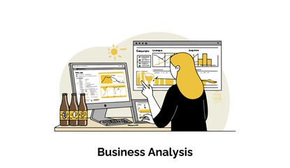 Fototapete - Female business analyst reviewing data on multiple computer screens in a modern office setting. Analyzing market trends and insights in a professional environment.