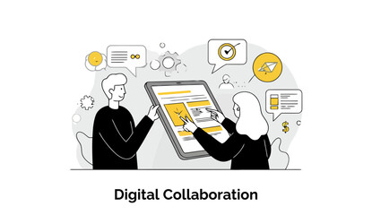 Poster - Young adults in business attire collaborating on a digital tablet in a modern office setting. Engaged in a discussion of a shared project with an emphasis on teamwork and communication.