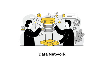 Poster - Two young professionals in black clothing collaborate on a data network project, interacting with a server and router in a modern office setting.