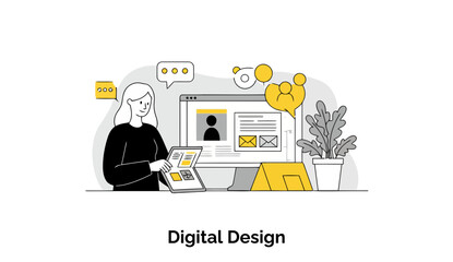 Poster - A young female graphic designer in a black top, reviewing digital design projects on a tablet and computer monitor in a modern office space.