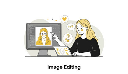 Fototapete - Young woman in casual clothing working on image editing at home office. Pointing to digital image with focused expression.