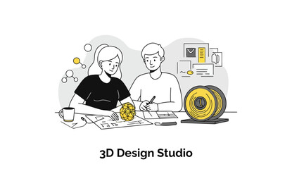 Poster - Female and male 3D designers collaborating on blueprints in a modern design studio. Working together on a 3D model and schematics at a desk with a spool of 3D printing filament.