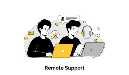 Poster - Two young male customer service representatives in black t-shirts are engaged in a remote support session at a shared workspace.