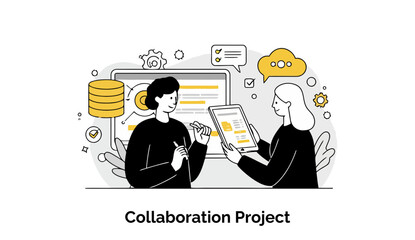 Poster - Business professionals in formal wear collaborating on a project in a modern office setting. Two colleagues working together on a tablet and whiteboard in a meeting room.