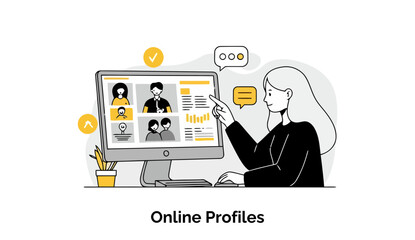 Poster - A young adult woman in a black jacket reviews online profiles on a computer monitor in a home office setting.