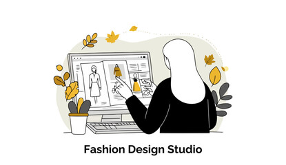 Fototapete - Female fashion designer reviewing clothing designs on a computer screen in a modern fashion design studio.