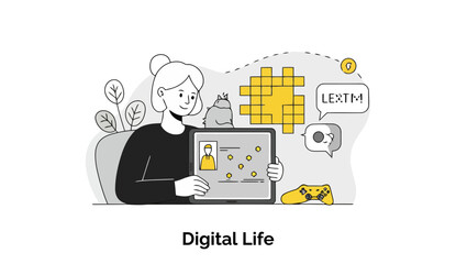 Fototapete - A young woman in casual attire examines a digital profile on a tablet, surrounded by elements of a digital lifestyle, including gaming and social media.