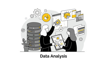 Fototapete - Two female data analysts in formal attire collaborate on business data in a bright office, ideal for showcasing workplace diversity, analytics, and technology-driven teamwork.