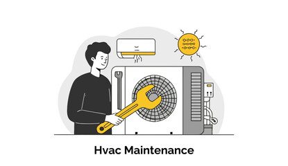 Poster - HVAC Technician performing maintenance on an outdoor unit in a residential setting. The technician is holding a wrench and working on the unit under a sunny day.