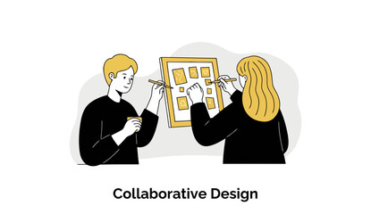 Poster - Young adult male and female colleagues collaborating on a design project, wearing black clothing and situated in a modern office setting.