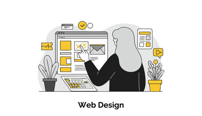 Poster - Female web designer in professional attire interacting with website interface in a modern office setting. Concentrated focus on webpage elements in a home office.